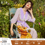 兩三事梵高系列 向夏日葵 夏季新款復古蕾絲格子印花連衣裙 紫色-y S