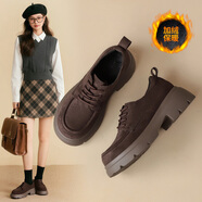 ZHR厚底樂福鞋冬季增高女鞋復(fù)古英倫風(fēng)加絨勃肯鞋單鞋 AY309A棕色35