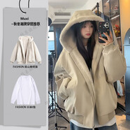 主意范（ZHUYIFAN）連帽座山雕皮衣外套棉服男女款冬季加絨加厚保暖毛領(lǐng)棉衣夾克潮牌 兩件套杏色【座山雕棉衣+長(cháng)袖T恤】 M 90-110斤