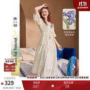 兩三事度假風(fēng)法式連衣裙女茶歇24夏季復(fù)古刺繡方領(lǐng)短袖裙子嗜好冷鳶 米杏色 M