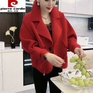 皮爾卡丹（pierre cardin）時(shí)尚仿羊絨短款媽媽大衣短外套新款洋氣雙面寬松收腰毛呢外套 紅色 L 110-120斤穿