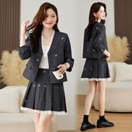 桂雪格灰色甜美套裝女2025春季新款蕾絲拼接蝴蝶結刺繡西裝百褶裙兩件套 黑色兩件套 XL （120-135斤）