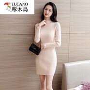 啄木鳥(niǎo)秋冬加厚半高領(lǐng)中長(cháng)款毛衣裙包臀修身顯瘦蕾絲拼接打底毛線(xiàn)針織衫 杏色 9143#(主圖.款) S