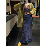 三吉黑花【江爍】古法土染仿牛仔流蘇半身裙秋女2025新款小個(gè)子 藏海藍 S