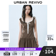 UR2025春季新款女裝撞色蕾絲飄帶U領(lǐng)無袖修身連衣裙UYY750014 深棕色 (偏短) L