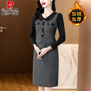 皮爾卡丹小香風(fēng)假兩件連衣裙女2025秋冬新款媽媽裝時(shí)尚娃娃領(lǐng)加絨保暖裙子 灰色(加絨款) 5XL