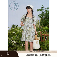 紫涵（ZIHAN）紫涵滿印花方領(lǐng)連衣裙女夏季森系田園風(fēng)寬松高腰短袖短裙 綠底印花 XL