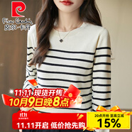 皮爾卡丹（pierre cardin）新款黑白條紋針織衫春秋毛衣橫條紋女長袖打底時(shí)尚寬松圓領(lǐng)上衣 杏漸黑條紋 S 90-100斤