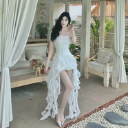 金泫雅越南掛脖不規則重工荷葉邊流蘇連衣裙度假長(cháng)裙+腰封套裝裙 白色 L