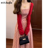 她芙（tafu）品牌女裝法式連衣裙女2025春夏新款洋氣小個子收腰遮肉顯瘦套裝 紅色開衫+紅格裙 S