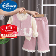 迪士尼（Disney）女寶寶秋裝套裝洋氣兒童衣服童裝一歲女童冬裝小香風(fēng)馬甲三件套 粉色花邊雙口袋三件套 90 建議80-90cm1歲-1歲半碼(75-
