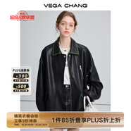 VEGA CHANG【精英衣櫥】黑色皮衣女2025春秋寬松顯瘦機(jī)車風(fēng)pu皮短外套 松綠黑 M