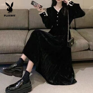 花花公子（PLAYBOY）法式復古黑色連衣裙2025秋冬新款赫本風(fēng)絲絨V領(lǐng)小眾顯瘦氣質(zhì)長(cháng)裙 黑色 XL