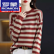 羅蒙（ROMON）高檔22年秋冬新款圓領(lǐng)條紋羊毛衫女寬松大號針織打底衫上衣內搭 紅咖色 L 110-125斤