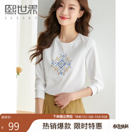 熙世界長袖T恤女2025春季新款民族風(fēng)復(fù)古刺繡百搭寬松圓領(lǐng)體恤衫 珍珠白 L