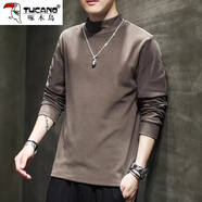 啄木鳥(niǎo)長(cháng)袖t恤男2025秋冬新款加絨加厚半高領(lǐng)打底衫保暖修身德絨上衣男 2162棕色 3XL 建議160-180斤