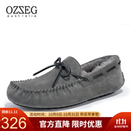 OZZEG澳洲豆豆鞋男鞋冬季加絨保暖休閑鞋真皮樂福鞋羊皮毛一體平底棉鞋 灰色 44