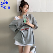 CS.LIONt恤女大版露肩寬松韓版中長(cháng)款2025年夏季新款慵懶風(fēng)短袖上衣ins潮 灰T恤+白背心 M 86-105斤