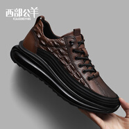 西部公羊頭層牛皮爆米花老爹鞋2025新款男士真皮運動(dòng)休閑鞋軟底氣墊鞋 深棕色 單層 42