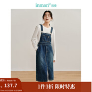 茵曼（INMAN）【商場(chǎng)同款】牛仔背帶裙2024春秋女裝新品后下擺開叉休閑長(zhǎng)裙 牛仔藍(lán) M