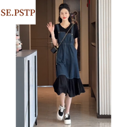 夏典素訂女王（SE.PSTP）撞色拼接牛仔假兩件連衣裙女2025夏季時(shí)尚休閑顯瘦減齡背帶裙 黑色 S (80-100)