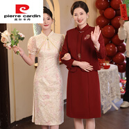 皮爾卡丹（pierre cardin）媽媽春秋高貴薄款西服外套中年女裝結(jié)婚禮服中老年婚宴連衣裙套裝 紅色 XL (90-105斤)