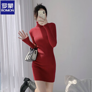 羅蒙半高領(lǐng)針織連衣裙女2025秋冬內搭修身收腰包臀打底毛衣短裙 棗紅色 高領(lǐng) S 80-100斤