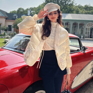 粉紅大布娃娃新2025冬季新款90白鴨絨中式提花刺繡短款羽絨服女 杏色 S