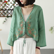 啄木鳥(niǎo)民族風(fēng)棉麻刺繡開(kāi)衫上衣女夏新款復古繡花小衫防曬衣系帶茶服襯衫 豆綠色 3XL 150-170斤
