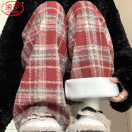 浪莎藏青色加絨格子褲女冬季2025新款高腰垂感闊腿褲休閑加厚毛呢褲