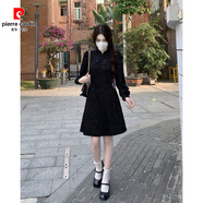 皮爾卡丹大碼小香風(fēng)紅色長(cháng)袖連衣裙女秋冬胖mm收腰加厚新中式新年戰袍裙子 黑色短裙 L 100-115斤