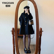 櫻鮮高級感黑色斗篷呢子大衣女秋冬裝新款韓版小個子寬松顯瘦毛呢外套 黑色 XS