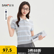 三福毛衣2025秋季金屬小標半開(kāi)扣翻領(lǐng)簡(jiǎn)約上衣女裝507136 灰底藍條 S