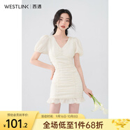 西遇V領(lǐng)泡泡袖連衣裙女2025年早夏新款法式褶皺收腰修身包臀裙子 黃色 L