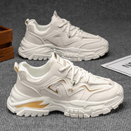 特豪川（TEHAOCHUAN）男鞋秋季潮鞋皮面防水厚底老爹鞋男款運動(dòng)休閑鞋青少年潮流男生鞋 RF-F2157米色 40