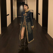 妹丫2025秋冬新款原創(chuàng  )設計長(cháng)款厚棉衣冬裝毛毛拼接水洗牛仔大衣外套女 藍色 L