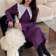 小香風(fēng)復古呢子拼接蕾絲娃娃領(lǐng)連衣裙加厚保暖打底高腰顯瘦長(cháng)裙女 紫色661# S