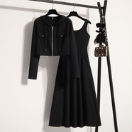 小紅書(shū)同款早初秋兩件穿搭配一整套洋裝大尺碼女裝胖mm顯瘦感小個(gè) 黑色背心裙+開(kāi)衫兩件套-版設計感裙子仙女超仙森系高 M M80-100斤