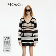 MO&Co.針織衫黑白條紋寬松鏤空V領(lǐng)流蘇長袖毛衣罩衫慵懶風(fēng)摩安珂 白黑條色 XS 155