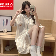 南極人冰絲襯衫睡裙女士夏季短袖開(kāi)衫睡衣連衣裙性感純欲風(fēng)春秋款家居服 2416XI 口袋小狗 杏色 M 160