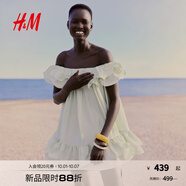 H&M女裝a字版型連衣裙2025夏新款寬松度假風(fēng)褶邊露肩連身裙1298081 淺綠色 XL 175/116