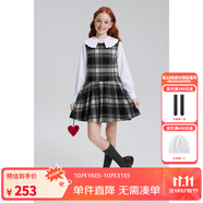 ELLE KIDS童裝 學院風羊毛呢料格子背心裙女童秋季圓領百褶連衣裙 黑白格 120 （110/120）