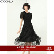 COCOBELLA重工鏤空刺繡蕾絲連衣裙名媛風(fēng)不對(duì)稱A字長(zhǎng)裙FR179 黑色 S