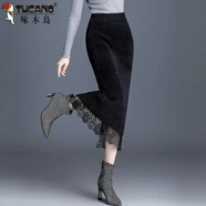 啄木鳥(niǎo)加厚仿水貂絨半身裙2025新款冬針織中長(cháng)款冬季百搭開(kāi)叉包臀蕾絲裙 長(cháng)蕾絲 黑色 M 建議91-118斤左右