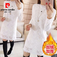 皮爾卡丹（pierre cardin）加絨加厚蕾絲中長(cháng)款t恤衫女秋冬新款修身長(cháng)袖內搭保暖打底連衣裙 白色（全身加絨） 4XL