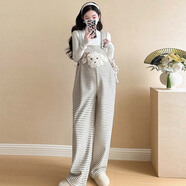 愛(ài)蘭婷秋冬純棉針織條紋孕婦背帶褲加絨加厚闊腿保暖運動(dòng)吊帶褲毛衣套裝 杏色（不加絨）單件背帶褲 XL建議135-150斤