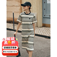Olrain歐芮兒法式條紋短袖連衣裙女夏季新款寬松撞色開叉通勤T恤裙子 黑白條紋 L
