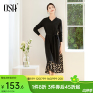 歐莎（OSA）法式V領(lǐng)顯瘦田園風(fēng)碎花邊連衣裙雪紡拼接裙子女秋季新款旅游穿搭 黑色 M