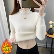 香影純一體絨半高領(lǐng)毛衣女秋冬季加絨加厚打底衫蕾絲內搭針織衫保暖上衣 白色 L (建議105-115斤)