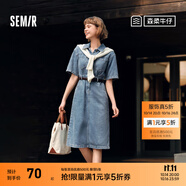 森馬（Semir）森柔牛仔|牛仔連衣裙女工裝風收腰顯瘦夏港風中長裙復古潮流 牛仔淺中藍88601 XL